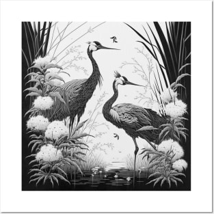 Japanese crane bird ink drawing black and white Posters and Art